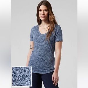 Athleta Breezy Scoop V-Neck Tee, Micro Cheetah Chrome Blue, Size M Medium